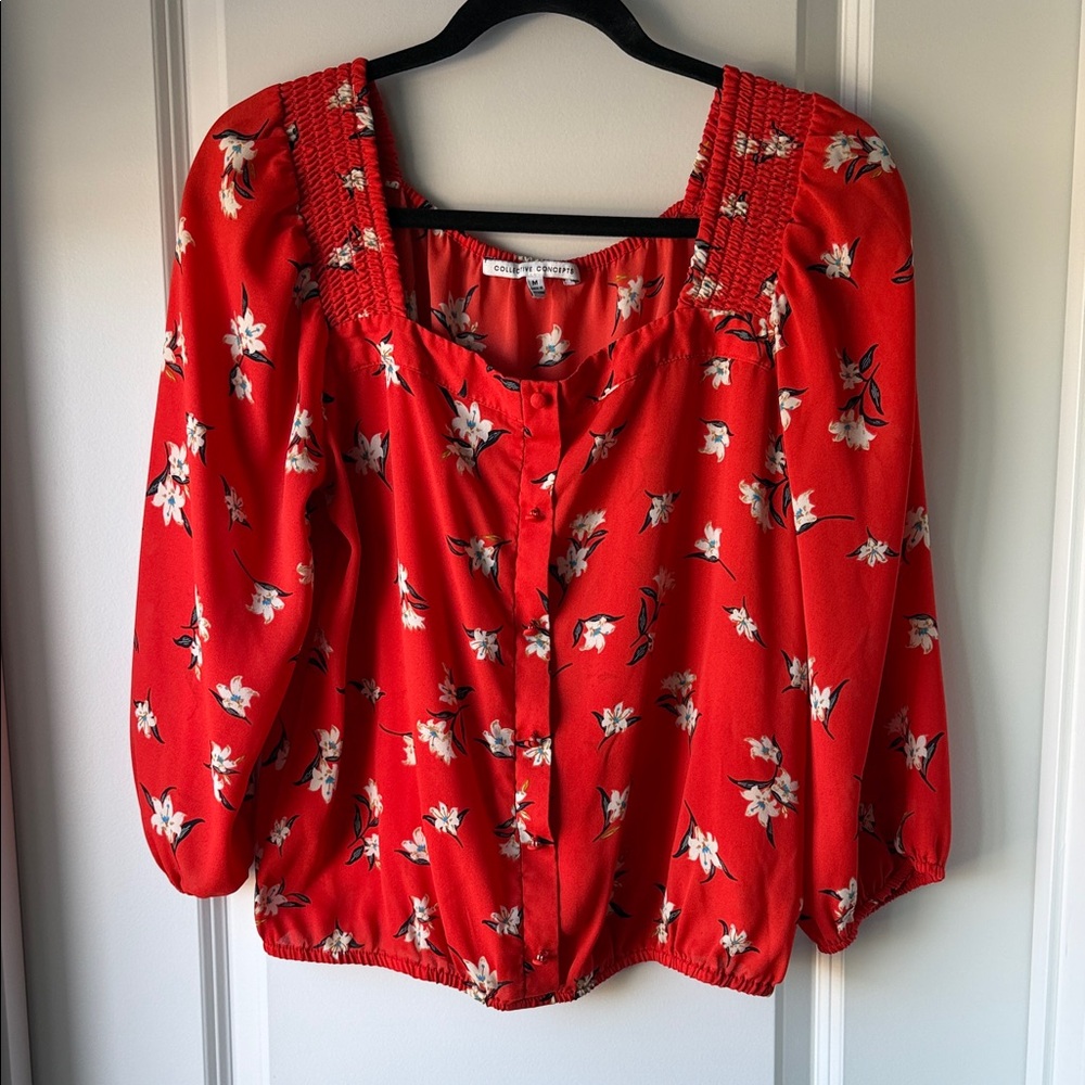 Country Road Red Floral Square-Neck Button Blouse